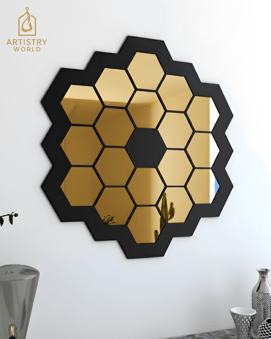 HexaGlow Modern Acrylic Mirror Wall Art – Black MDF Base | Geometric Home Decor Accent